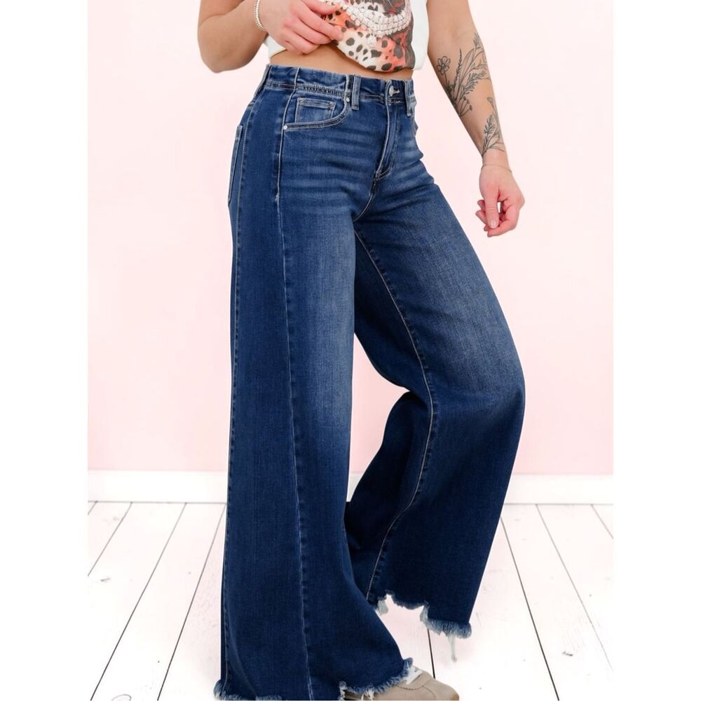 Risen High Rise Dark Wash Wide Leg Raw Hem Stretch Denim Jeans NWT - Picture 5 of 14
